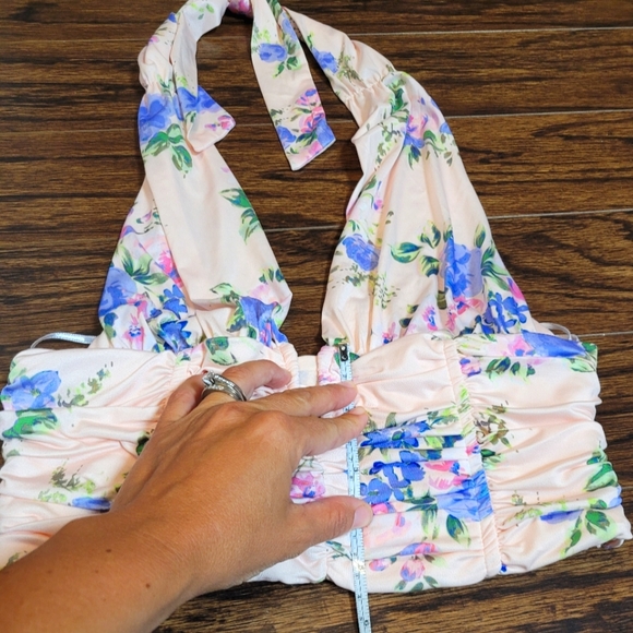 Zara NEW Halter Cropped Top Pink Purple Floral Pattern Zipper Side Size Small - Picture 13 of 15